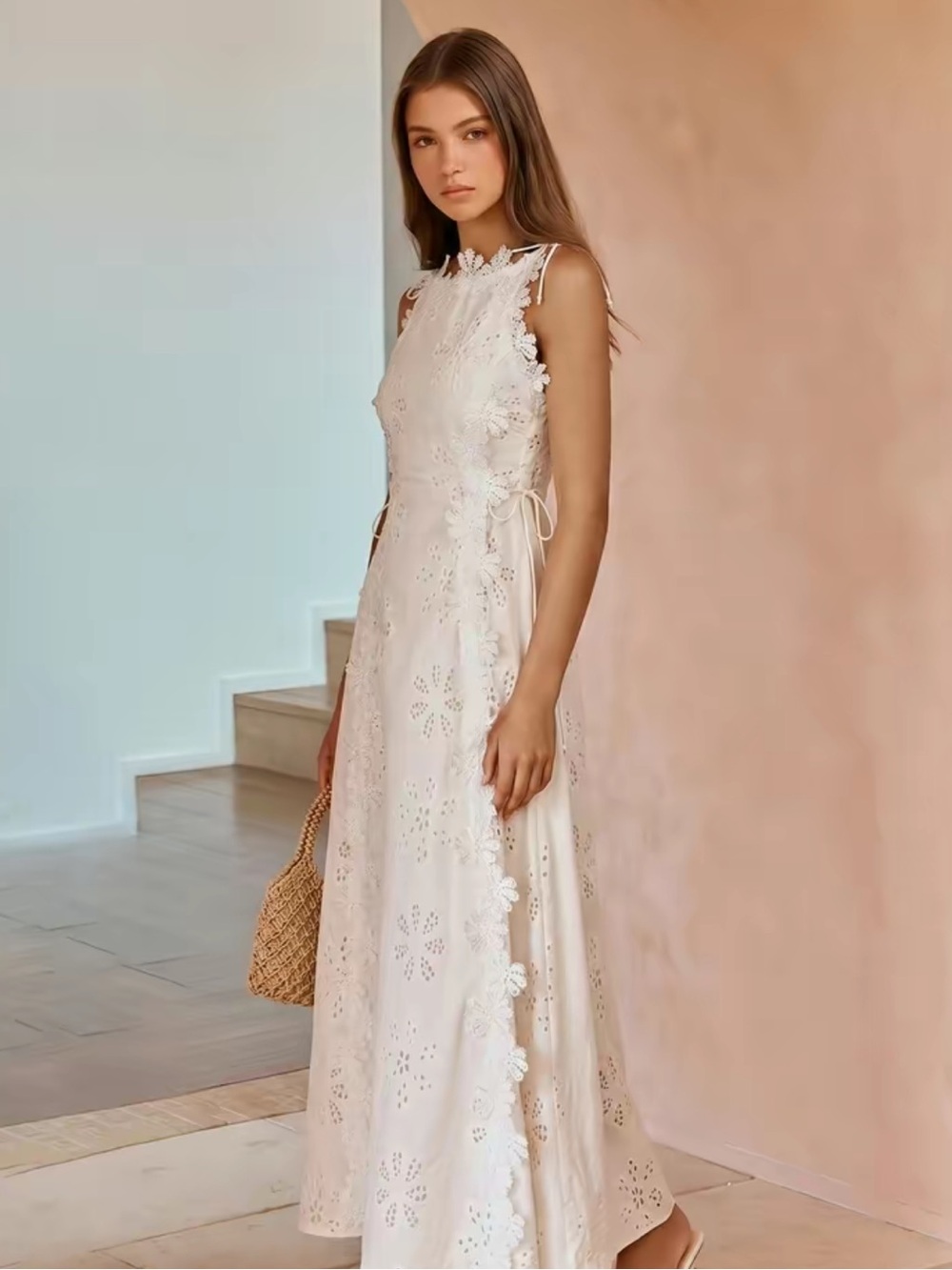 Elegant Ivory Eyelet Maxi Dress - Sleeveless Lace Trim